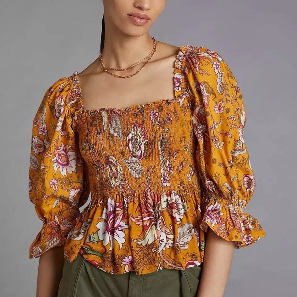 Anthropologie Conditions Apply Floral Smocked Puff-Sleeve Blouse - Mustard